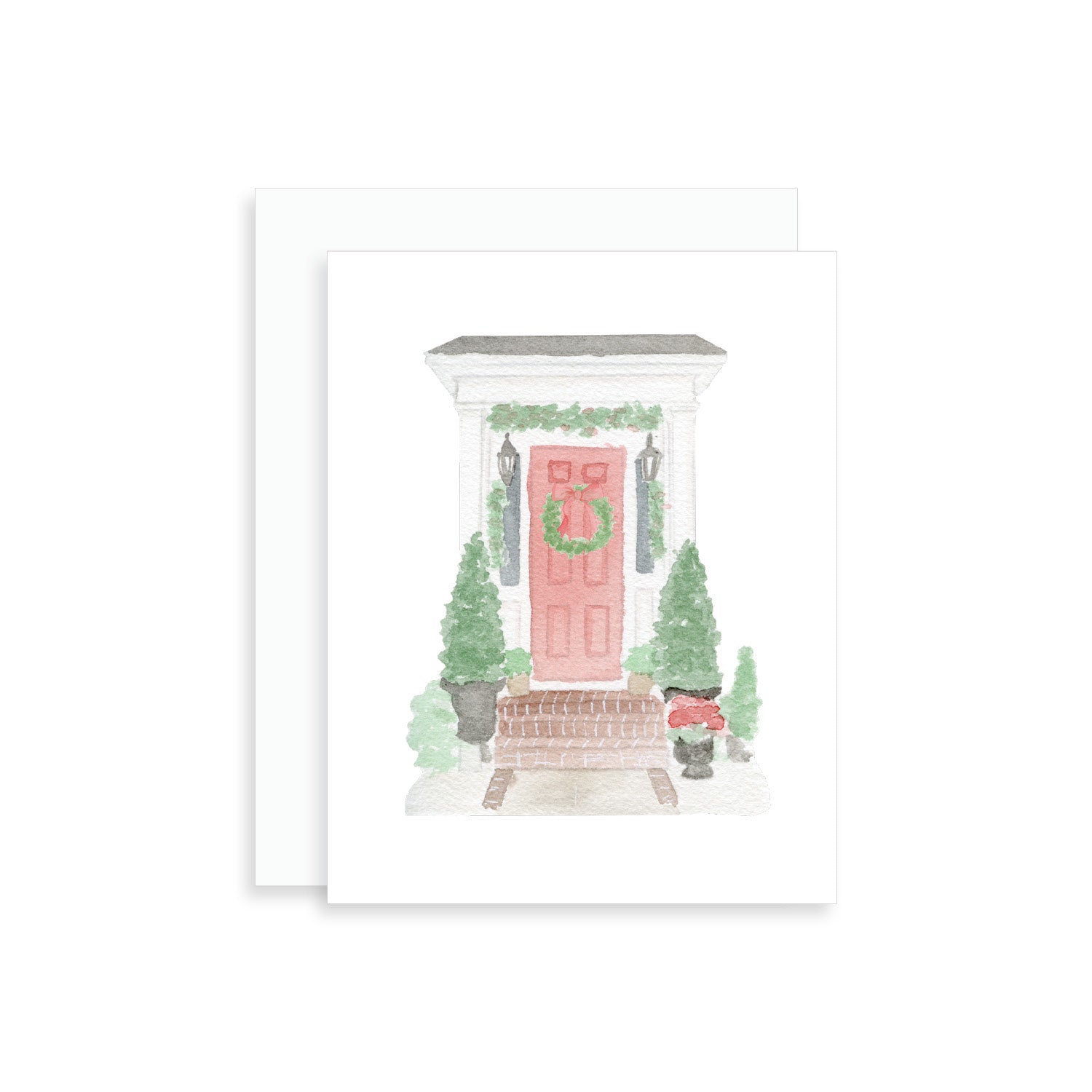 Festive Front Door Watercolor Christmas Greeting Card